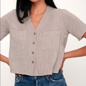 Lulu’s Lift My Spirits Taupe Button-up Crop Top